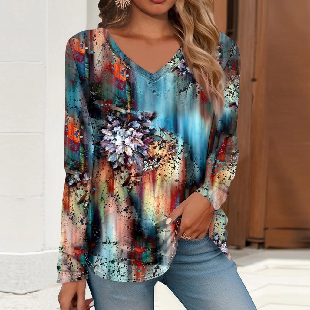 Women's T Shirt Retro Print Long Sleeve Daily Weekend Daily Basic V Neck Regular  Fall Winter Tops