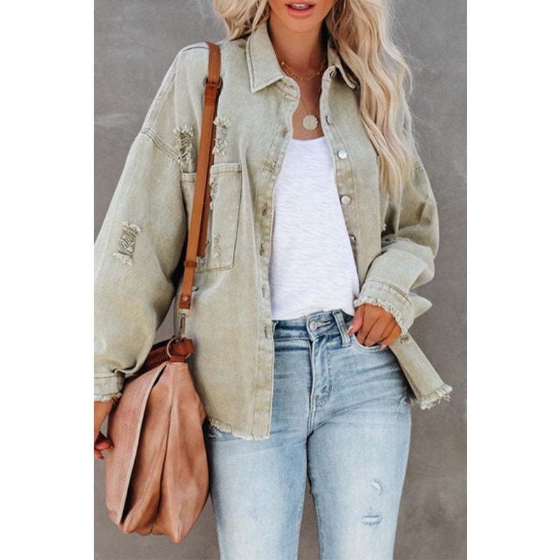 

Джинсовая куртка с длинными рукавами, потертыми краями и дырками XL светло-зеленый