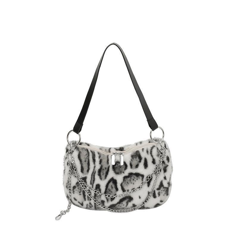 Autumn and winter new personalized leopard print plush contrasting women's tote bag exquisite versatile chain shoulder messenger bag
