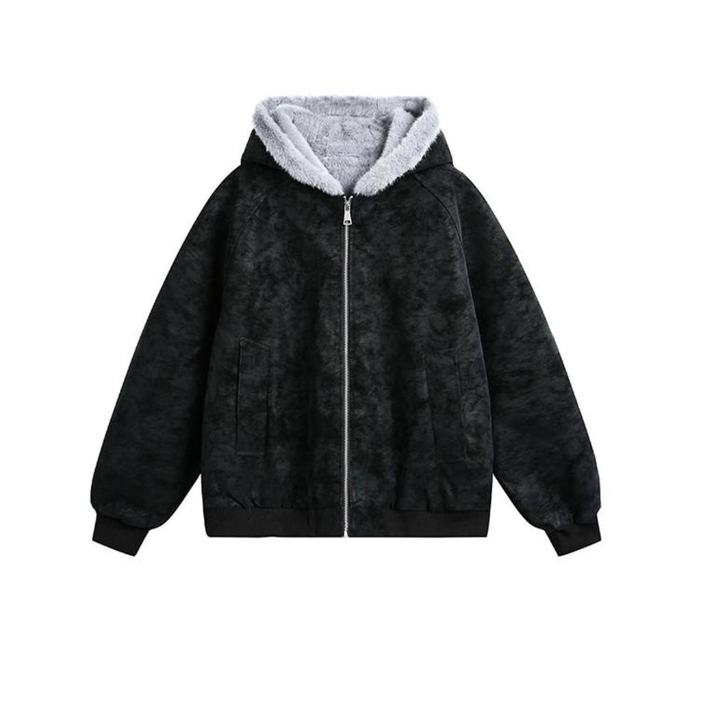 Unisex Lychee Pattern Heavy-Duty Hooded Leather Jacket with Fur Collar - Thickened Winter Coat
