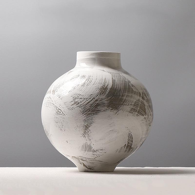 Large Modern Minimalist Chinese Zen White Glazed Art Pottery Vase with Hand-Painted Sweep Stroke Pattern