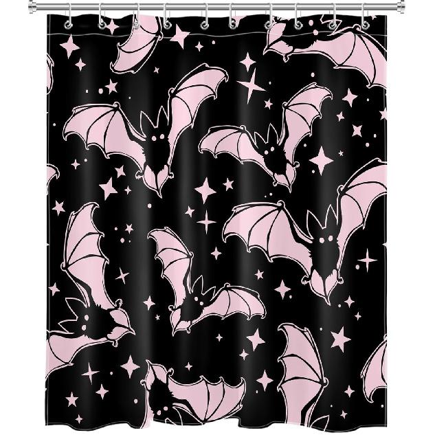 LB Spooky Halloween Shower Curtain for Bathroom, Gothic Horror Halloween Pink and Black Bats Fabric Shower Curtain with Hooks, Funny Pink Bat