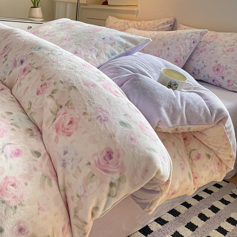 Thickened Milk Fleece Bed Four-Piece Set Warm Coral Fleece Bed Sheet Quilt Cover Three-Piece Bedding