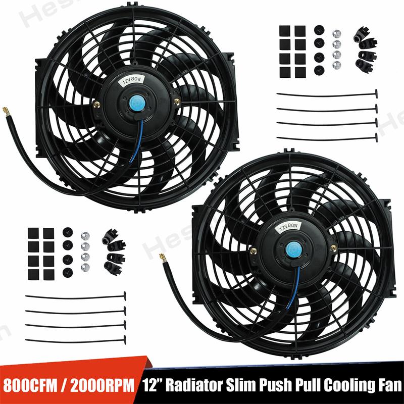 2 Pieces 12  Inch Universal Slim Fan Push Pull Electric Radiator Cooling Fans 12V 80W Mount Kit 2000 RPM Black High Performance 2x 12 inch 12V 80W