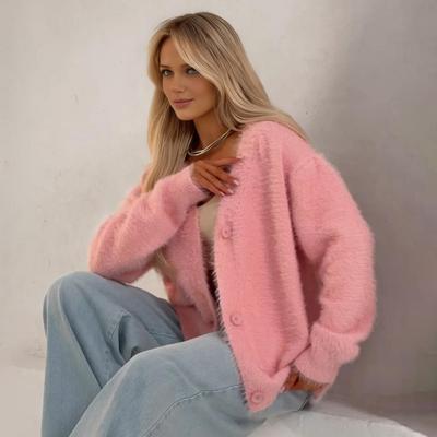 Sweater Coat V-Neck Long Sleeve Knitting Coat Buttons Placket Pure Color Elastic Fabric Loose Fit