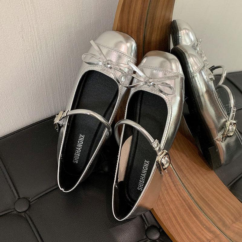 

Модные серебристые балетки с бантом, с открытым верхом, женские, новые на весну и осень 2025, французские плоские туфли Мэри Джейн 40 серебряный