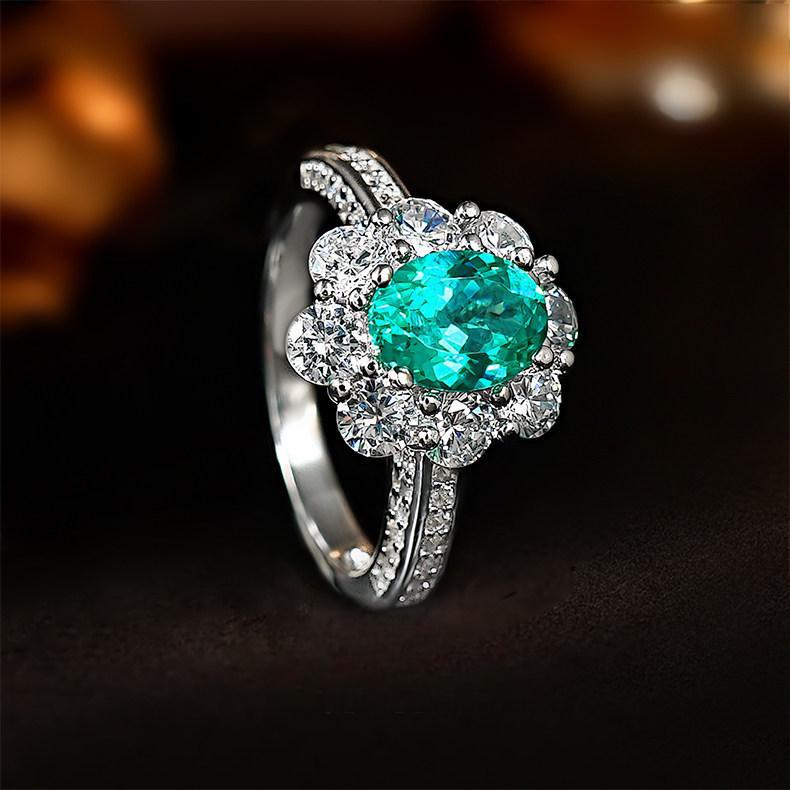 2026 Pigeon Egg Ice Flower Cut Diamond Full Paraiba Green Ring Earrings Pendant Classic Three-piece Set