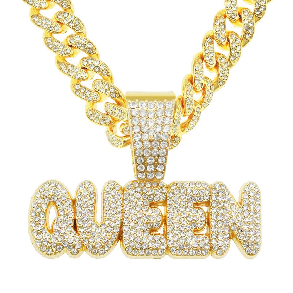 Men Hip Hop KING QUEEN Letter Pendant Necklace with 13mm Miami Cuban Chain Iced Out Bling HipHop Necklaces Fashion Women Jewelry