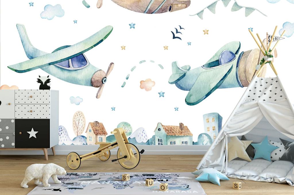Children's Photo Wallpaper Airplanes Over the City Stars Ribbons DWK282 200x135