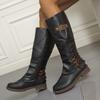 Women's Tall Square Heel Riding Boots, Side Zipper Buckle High Calf Leather Boots, Plus Size Fall Winter Shoes