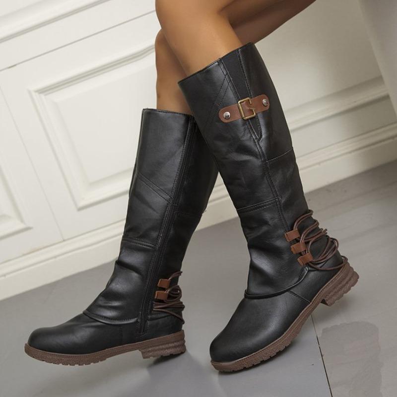Women's Tall Square Heel Riding Boots, Side Zipper Buckle High Calf Leather Boots, Plus Size Fall Winter Shoes