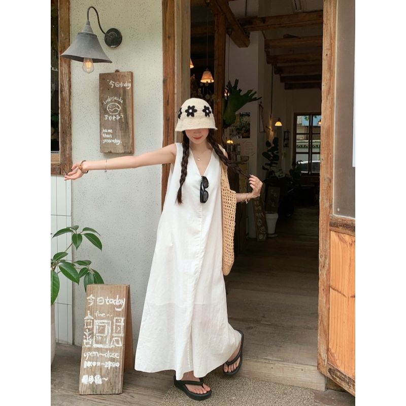 Kumikumi Sweet Style Simple V-neck Vest One Piece Dress Women Clothing Summer Temperament Slimming White A- Line Skirt Long Dress