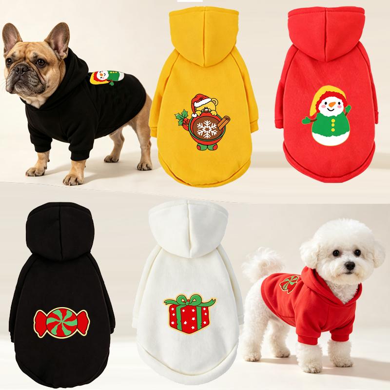 Christmas Cartoon Print Dog Hoodie Soft Warm Pet Sweatshirt X‑mas Holiday Festive Outfit Costume For Puppy French Bulldog
