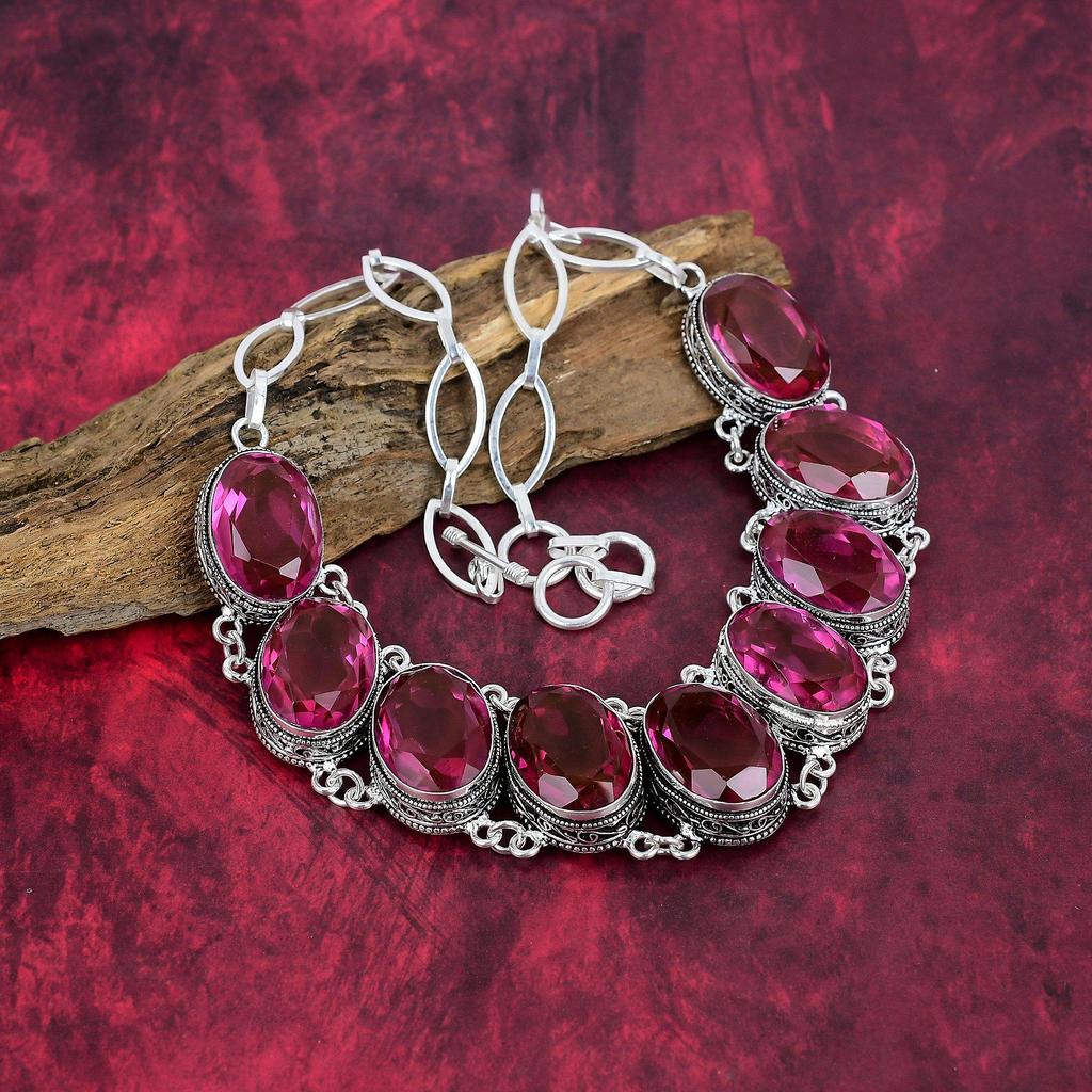 Pink Tourmaline Gemstone Jewelry, Handmade 925 Solid Sterling Silver Jewelry, Unique Bracelet & Necklace Jewelry Set For Women