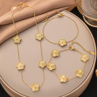 3 Pcs/set of Stainless Steel Five Flower Creative Design Necklace Bracelet, Fashionable and Simple, Perfect Choice for Daily Party Wear
