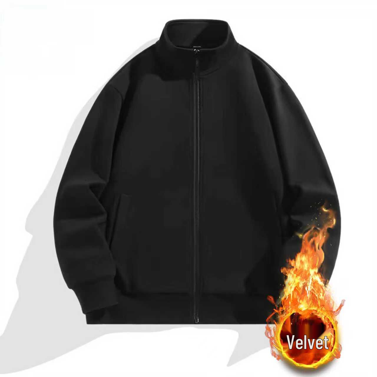 Men s Autumn/Winter Solid Color Fleece-Lined Stand Collar Knit Zip Hoodie 5XL