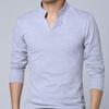 Men T-shirt Solid Color Long Sleeve V Neck Slim Pullover Top for Spring