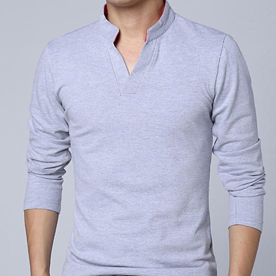 Men T-shirt Solid Color Long Sleeve V Neck Slim Pullover Top for Spring
