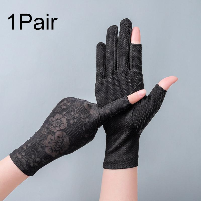 1Pair Lace Non-slip Driving Sunscreen Wave Point Breathable Gloves Outdoor Touch Screen Anti UV Nylon