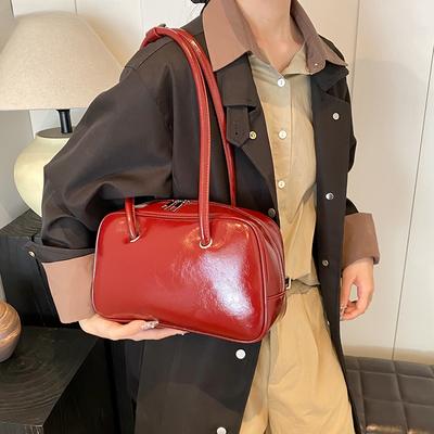 Borse a tracolla retrò per donna in pelle PU di colore puro, vintage, a tracolla, di grande capacità, borsa Boston di lusso
