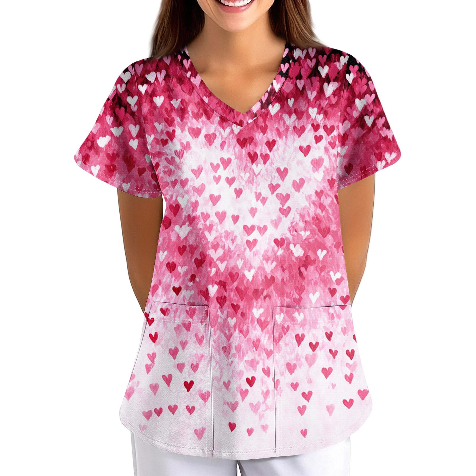 

Большой размер Принтованный скраб Рабочая униформа Топы для женских V-образный вырез с запахом Принт Короткий рукав Веселые футболки Рабочая одежда Футболка с карманами XL красный