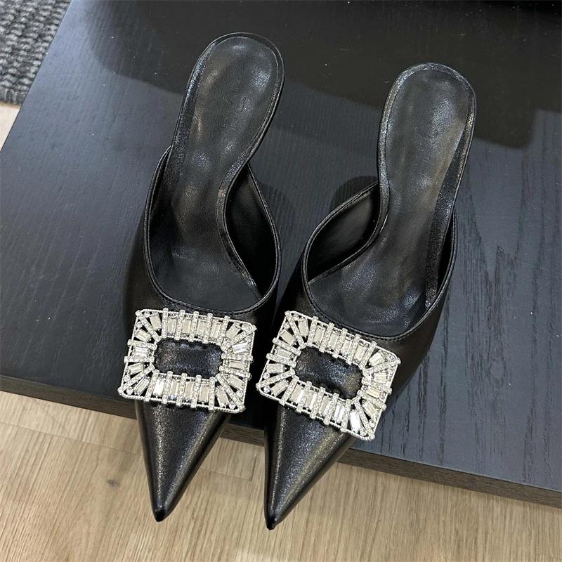 Fashion Eilyken Spring Women Slippers Crystal Buckle Thin Heels Pointed Toe Mule Shoes Fashion Party Zapatos De Mujeres