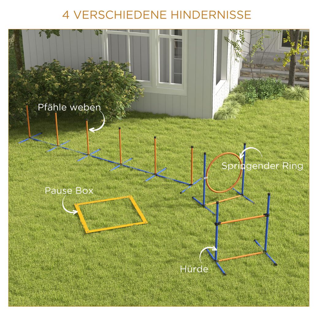 Dog Agility Training Equipment with Weave Poles, Jump Ring, Pause Box, Adjustable Hurdle, Carry Bag, Orange