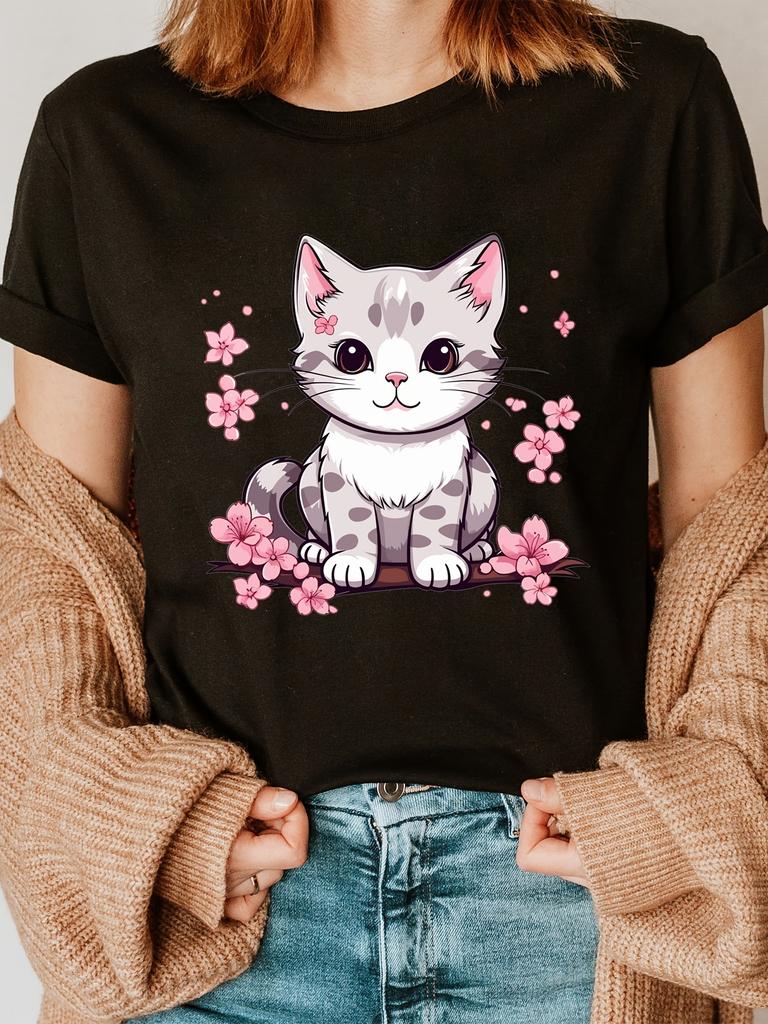 Cute Cat and Cherry Blossom Print Round Neck T-shirt Casual Short Sleeved Japanese T-shirt Suitable for Summer Women's Clothing