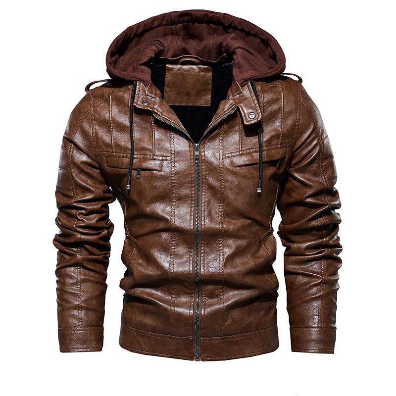 Autumn Winter Men's Motorcycle with Cashmere Warm PU Jacket