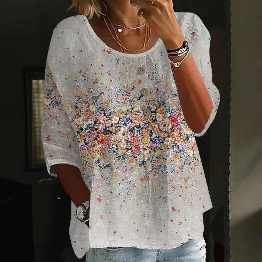 Dámská móda Ležérní tříčtvrteční rukáv Volný kulatý výstřih Knoflík Květinový potisk Top