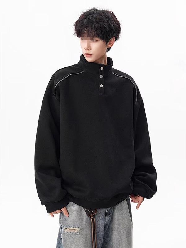 Men's Heavyweight Half-Zip Hoodie with Stand-Up Collar - Trendy Deconstructed Streetwear for Autumn/Winter