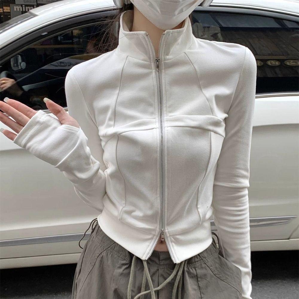 Slim Fit Long Sleeve Shirt Stand-up Collar Crop Tops Women Casual Female Solid Sweatshirt  Women