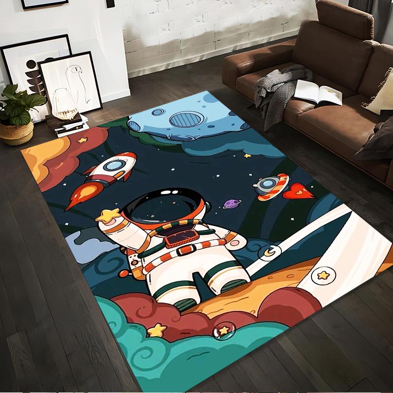 Cartoon Astronaut and Rocket Space Theme Area Rug for Kids Room Decor Suitable for use as an anti-slip for living room bedroom sofas