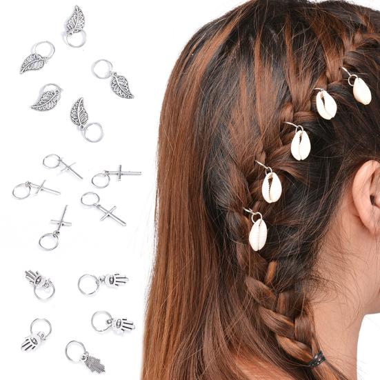 5/10Pcs Punk Women Hip-Hop Braid Hand Cross Shell Leaf Ring Hair Clips Accessory