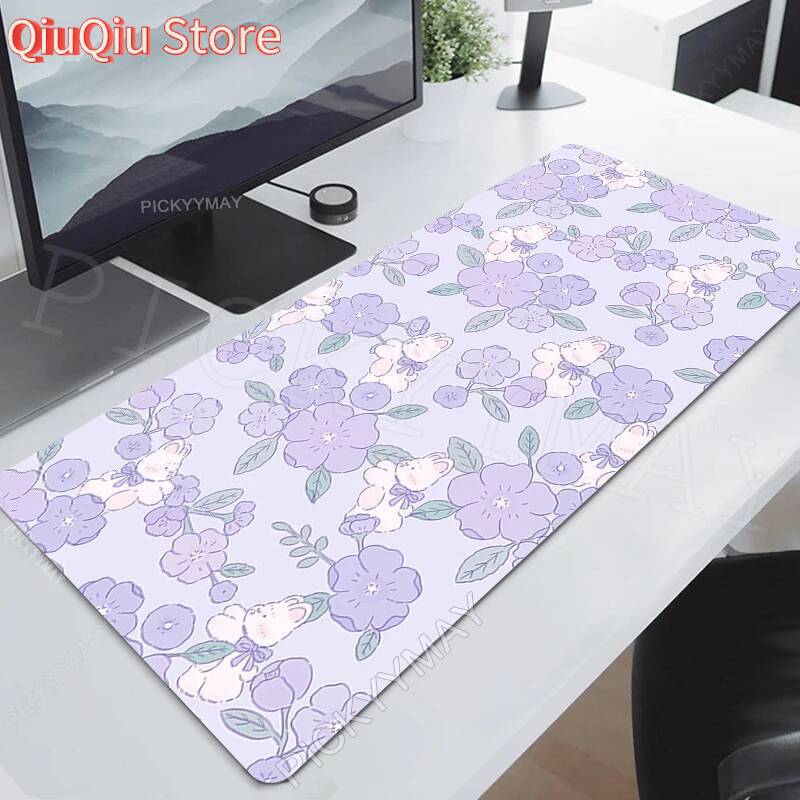 Cute Bunny Mouse Pad Purple Flower Large Gamer Mousepad Keyboard Mat XXXL Mouse Mats Kawaii Rubber Desk Pad Xcm Desk Rugs