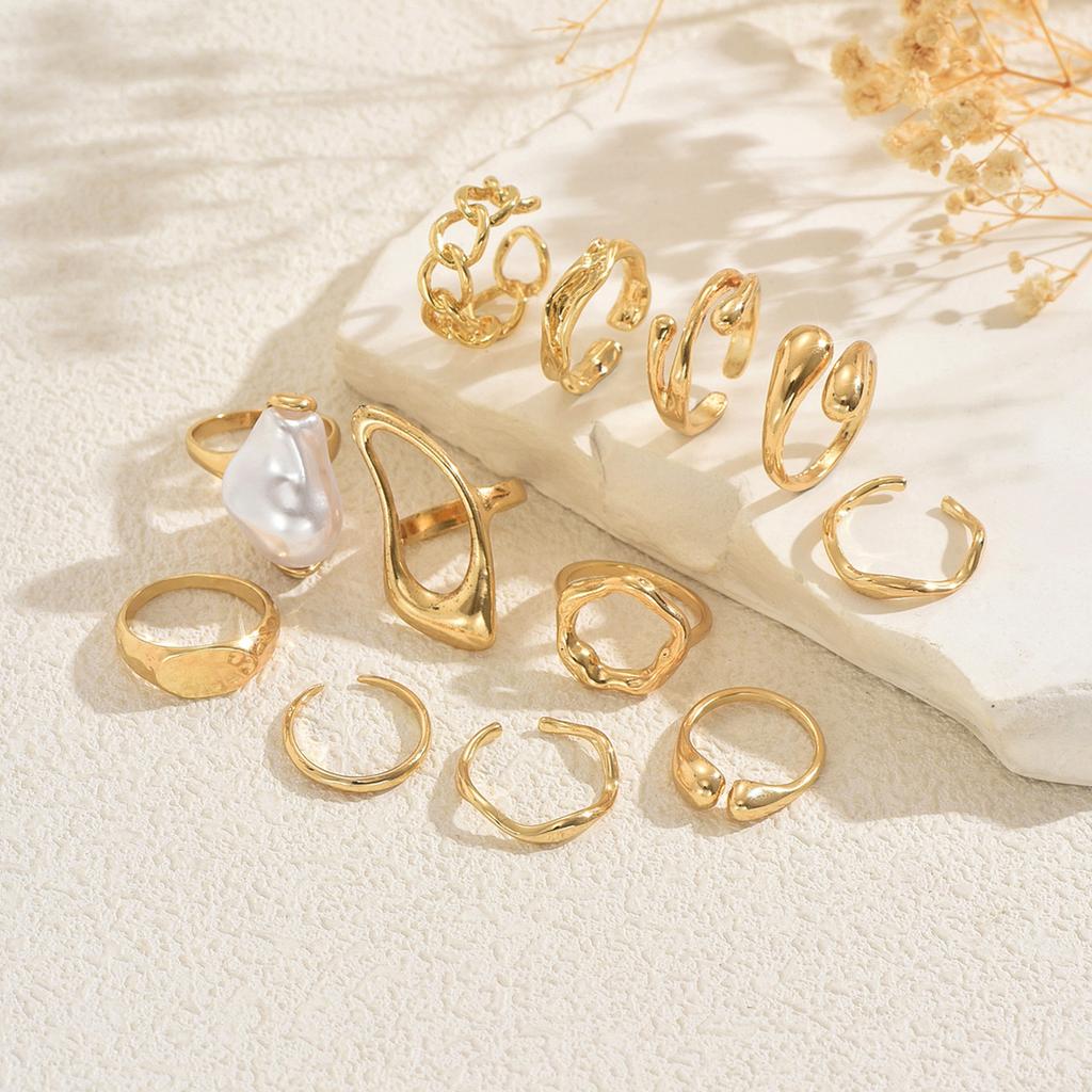 Hot Sale Women's Ring Set Geometric Inlaid with Special-Shaped Pearl Design Open Ring