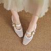 White high heels women's summer thick heels single shoes women's new breathable women's shoes French woven hollow bag head sandals