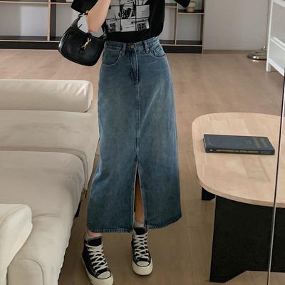 Design Sense Pachet Jumătate fustă vintage cu talie înaltă Split A-Line Fusta de lungime mijlocie Denim Femei Versatil Confortabil Moda Bustieră din denim