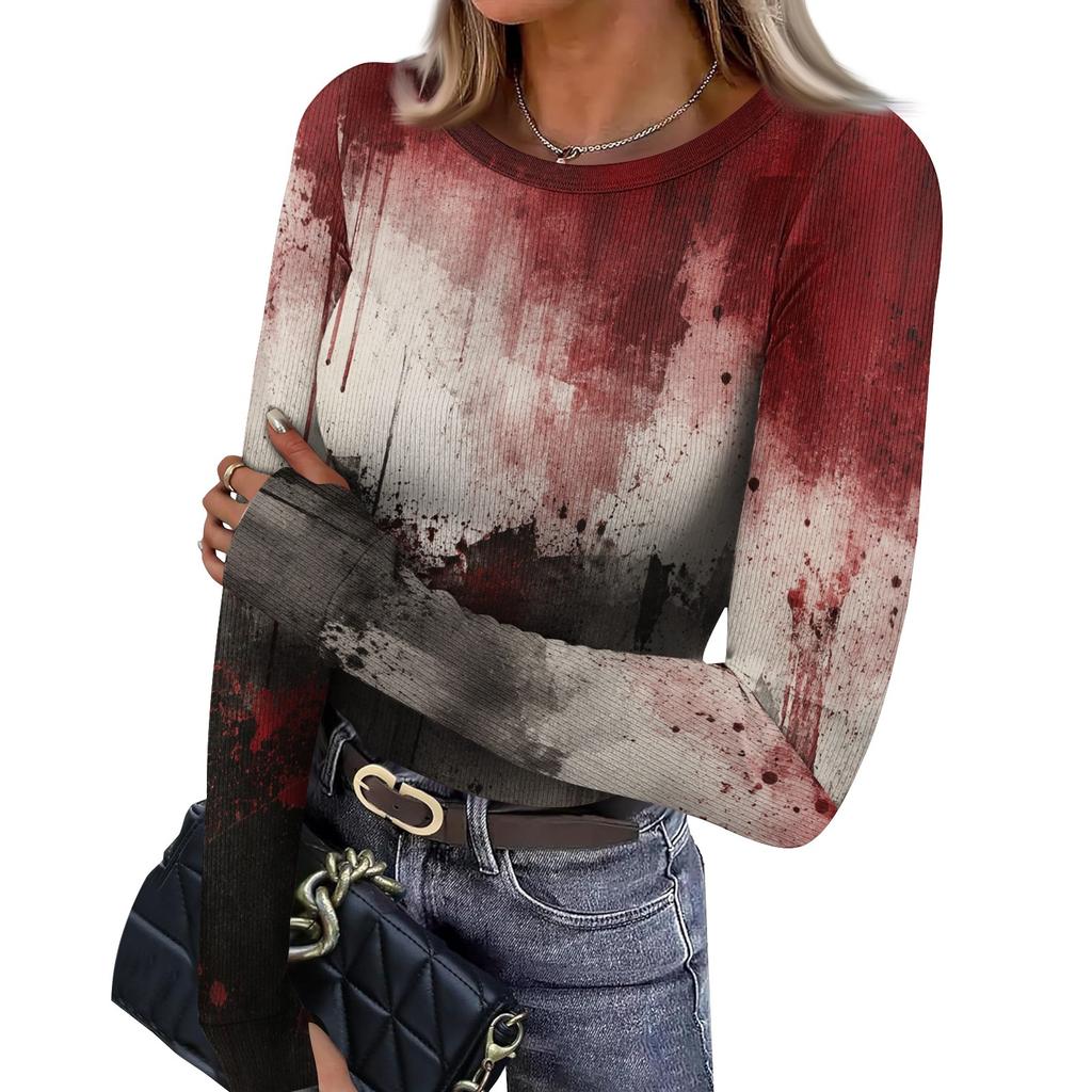 Women's Slim Fit Halloween Print Pullover Long Sleeve T Shirt Crew Neck Base Layer Top with Thumb Hole Cuffs