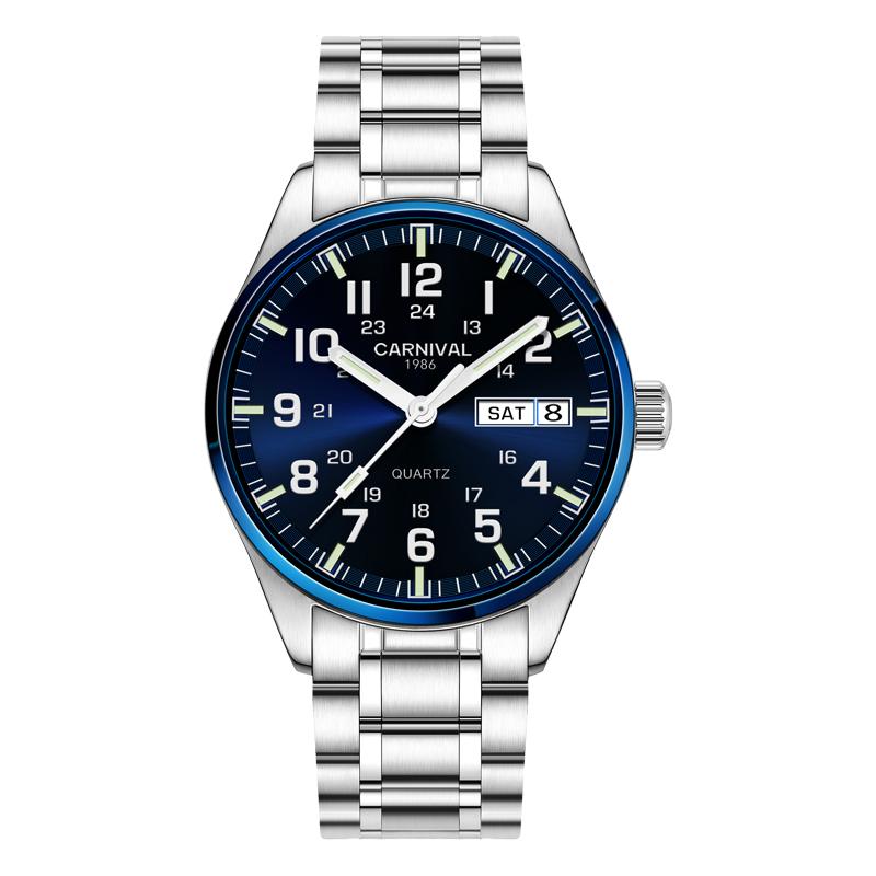 CARNIVAL Brand Watches Men Luminous Tube Waterproof Sport Men's Quartz Watch Man Stainless Steel Strap Reloj Hombre