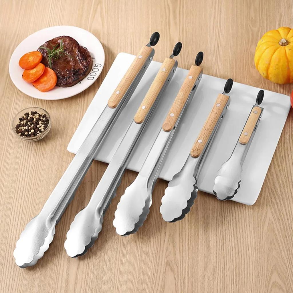 Stainless Steel Food Tongs, Heavy Duty Kitchen Tongs with Wooden Handle for Cooking Grilling and BBQ