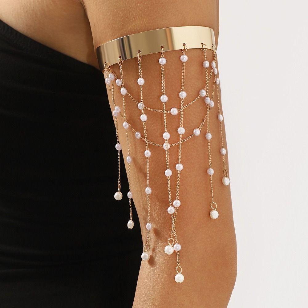Pearl Upper Arm Bangles Adjustable Open Cuff Bracelet Fashion Tassel Arm Chain  Party