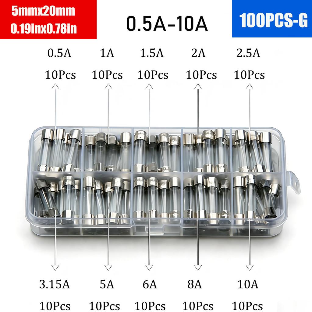 Car Fast-Blow Glass Tube Fuses 0.1A~35A Quick Blow Car Glass Tube Fuses Assorted Kit for Car Light Inflator