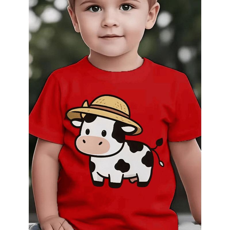 European sizes Boys' Cow Print T-Shirt - Short Sleeve Round Neck Casual Shirt with Cute Cow Patterns, Spring Summer Fall Outfits Suitable for
