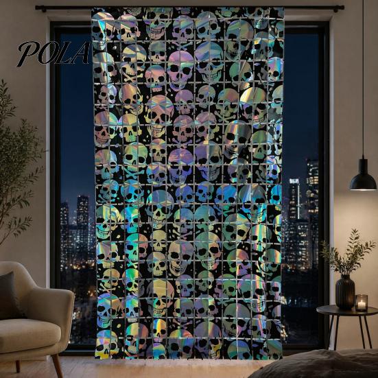 Decorative Festive Curtain Halloween Skull Foil Fringe Curtain, Iridescent Disposable Tablecloth, Pattern Party Decor Table Cover Tinsel Backdrop for