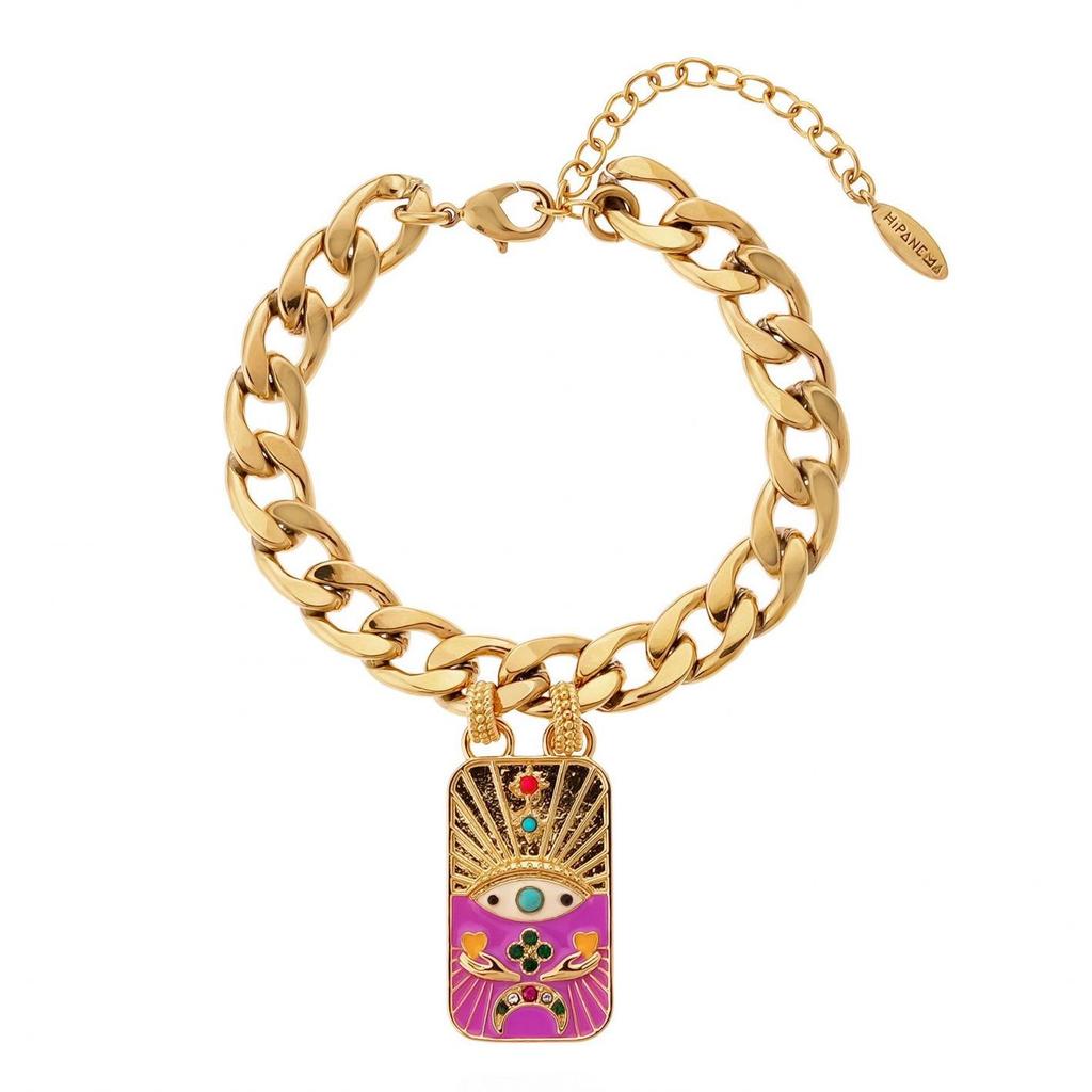 Gold-Plated Copper Tarot Necklace and Bracelet Set with Colored Enamel Demon Eye Design