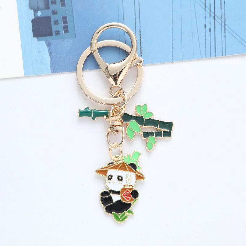 Cute Panda Bamboo Keychain - Cartoon Metal Keyring Pendant