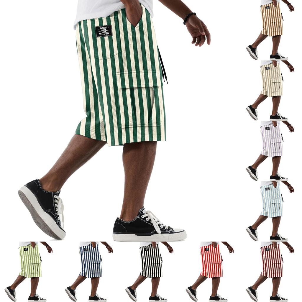Men's Casual Striped Print Drawstring Shorts with Multiple Pockets Knee Length