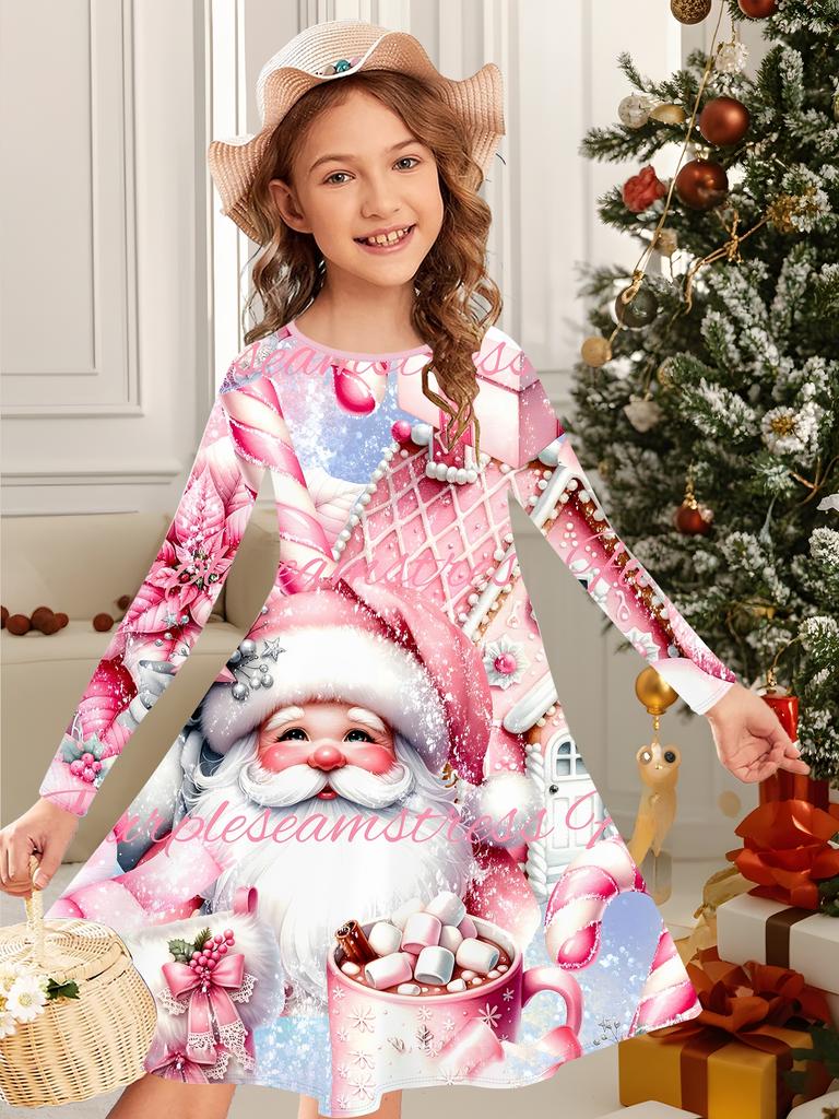 Vestido de Moda Outono e Inverno para Meninas, Estampa de Natal 3D Vestido Infantil Longo de Gola Redonda, Casual Versátil, Roupa de Natal