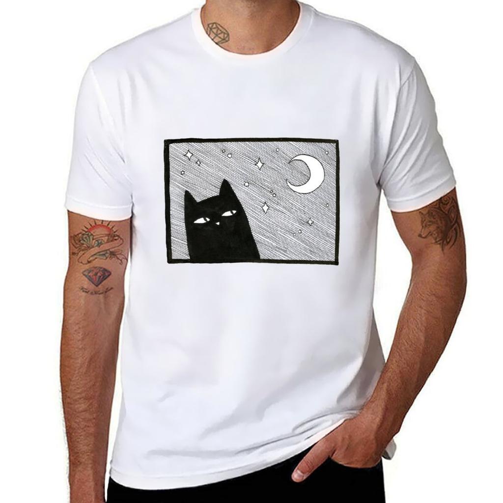 Midnight Cat Illustration Black Tshirt Sweat Absorbing Sports Tee Shirt